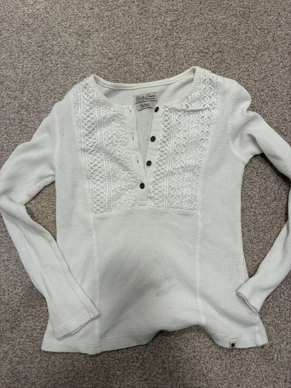 Lucky Brand Waffle Knit Thermal Lace Henley Top White M